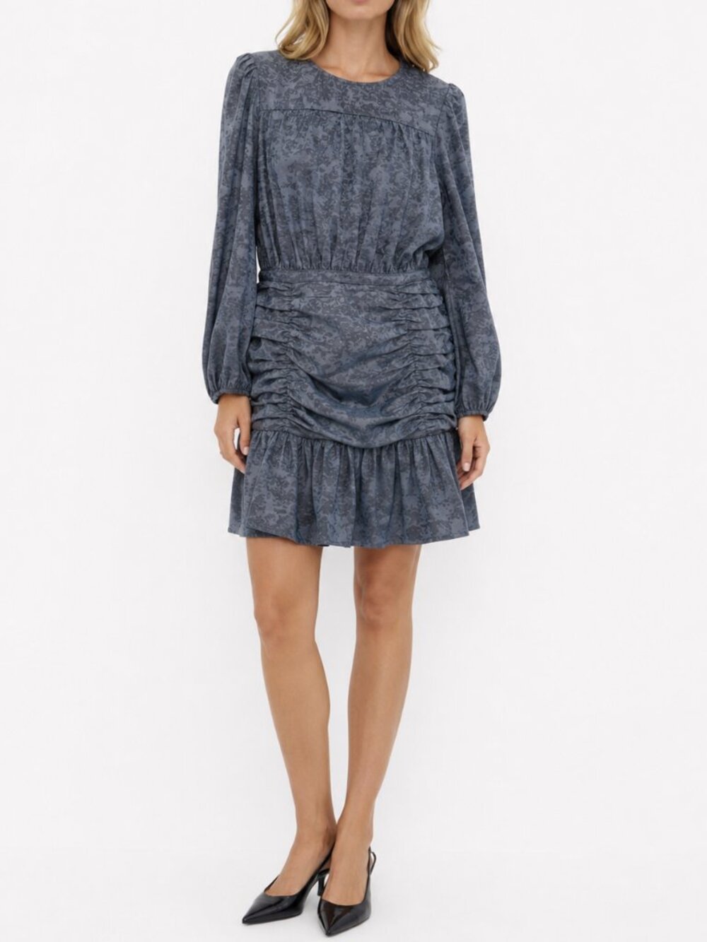 NWT Current Air Blue Gray Tonal Floral Ruched Drop Waist Mini Dress M